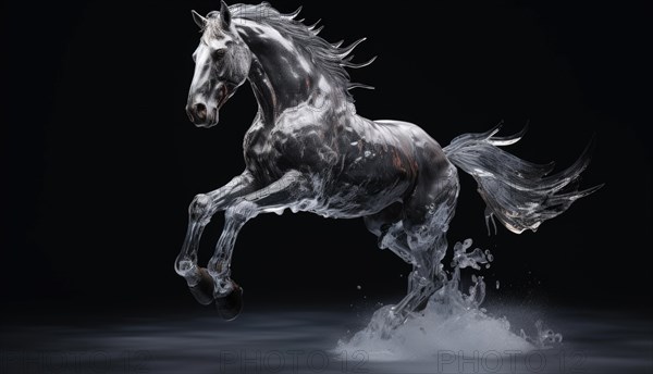 Ice sculpture of horse in dynamic pose. Beautiful horse ice figure AI generated