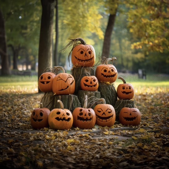 A group of Halloween pumpkins surrounded by autumnal foliage, pumpkins with personality, AI-Generated & Photoshop, HobbyZone-Alpha, Haan, North Rhine-Westphalia, Germany, AI generated, Europe