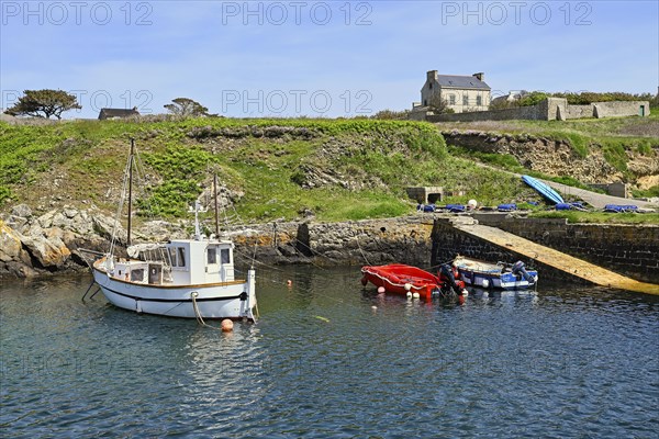 Boats in the small inland harbour of Lampaul, Ouessant Island, Finistere, Brittany, France, Europe