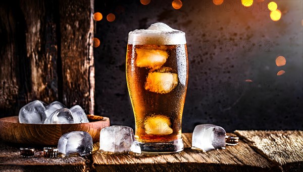 Glass of chilled beer on a dark vinatge wooden surface. AI Generated, AI generated