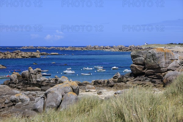 Granite rock formations on the beach of the English Channel near the village of Meneham, Menez Ham, Kerlouan, Finistere Penn ar Bed department, Brittany Breizh region, France, Europe