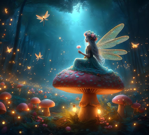 Kitsch, a fairy sits on a mushroom in a magical fairytale forest, AI generated, AI generated