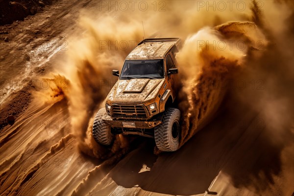 A dynamic aerial view of monster truck, with large tires, making its way off-road through rough terrain, kicking up dust and debris, AI generated