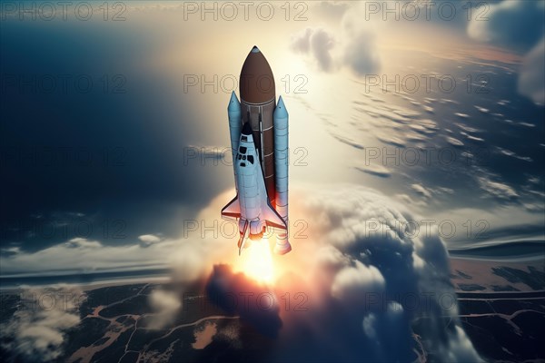 Aerial view of a rocket shuttle carrier launch at sunrise over an ocean coast. The rocket is blasting off with a trail of smoke and flames behind it, AI generated