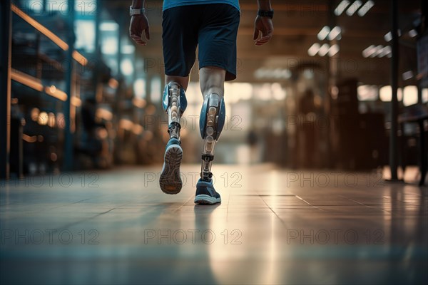 Amputee sportsman walking in corridor with bionic prosthetic legs prosthesis with robotic technology. Advancements in medical science and engineering, determination, strength, progress of the disabled Amputee sportsman walking in corridor with bionic prosthetic legs prosthesis with robotic technology. Advancements in medical science and engineering, determination, strength, progress of the disabled, AI generated