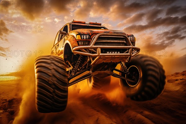 Monster truck driving outdoors amidst a cloud of dust. Thrill and adrenaline of an outdoor racing event on off-road terrain at dramatic sunset, AI generated