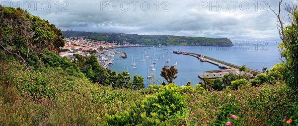 Panoramic view from Monte da Guia to a coastal town Horta with harbour and sailing boats, surrounded by green vegetation, Monte da Guia, Horta, Faial, Azores, Portugal, Europe