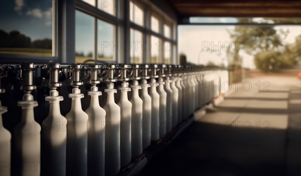 Plant for the production of milk and dairy products, conveyor belt with bottles of milk, AI generated