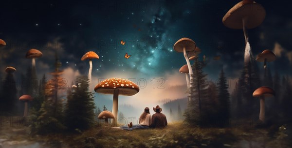 Couple resting in the forest under mushrooms, the concept of a fly agaric psilocybin trip, AI generated