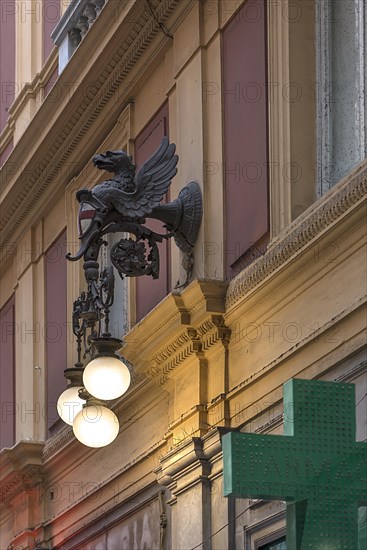 Historic wall sconce with the coat of arms of Genoa, Mazzini Galleries shopping centre, built in 1872, Genoa, Italy, Europe