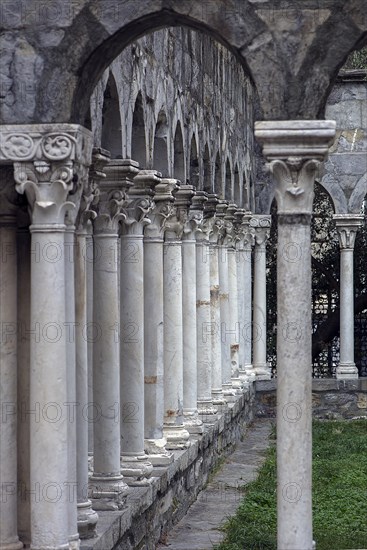 Columns from the restored cloister of Sant'Andrea 12th century, Via di Porta Soprana 12, Genoa, Italy, Europe