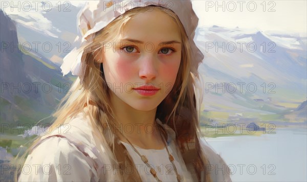 Portrait of a young girl in traditional attire with soft lighting and a mountain backdrop AI generated
