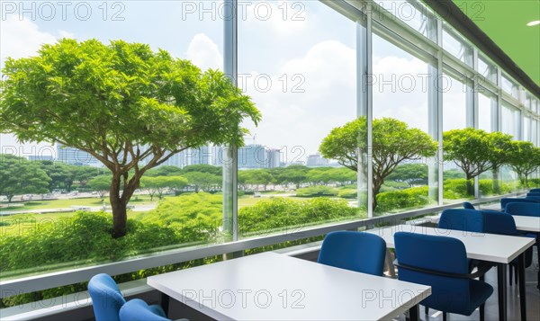 An empty cafeteria with blue chairs and tables overlooking a park through a glass window AI generated