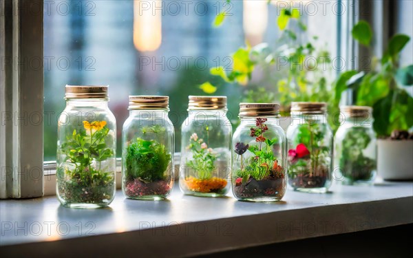 Bottle garden, several mini biotopes, eco system in glass on a windowsill, AI generated, AI generated, room, windowsill, plants, screw top jar, gardening, herbs, green, sunlight