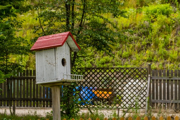 Closeup of white birdhouse with red roof on wooden stand with trees and lattice fence in background