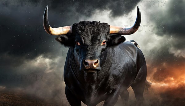 Dangerous black bull with glowing eyes in front of menacing dark clouds and fire, AI generated, AI generated