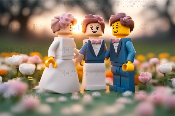 A miniature toy setting for decorative cake topper featuring a miniature bride and groom, perfect for wedding celebrations ai generated, AI generated