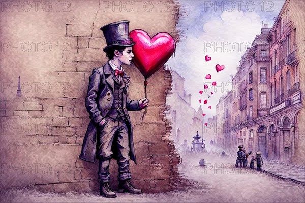 A heartwarming drawing of a boy wating around the corner with a heart shaped balloon, waiting his girlfriend, symbolizing love, friendship, and the unity of childhood innocence ai generated, AI generated