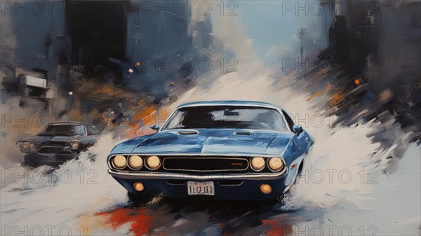 A captivating painting of a blue american 1970s muscle vintage retro car drive down bustling street, rainy day ai generated, AI generated