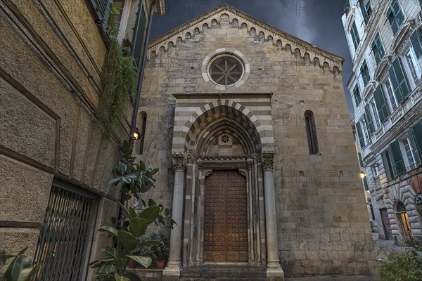 Main facade of the church of San Donato, 12th century, Via S. Donato, 10, in the centre of Genoa, Italy, Europe