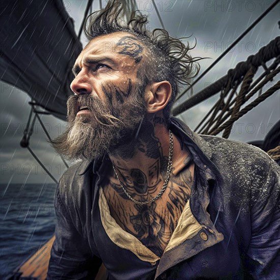 Older sailor with a full grey beard and many tattoos, sails with his wooden boat in the rain and rising wind on the high seas, AI generated, AI generated
