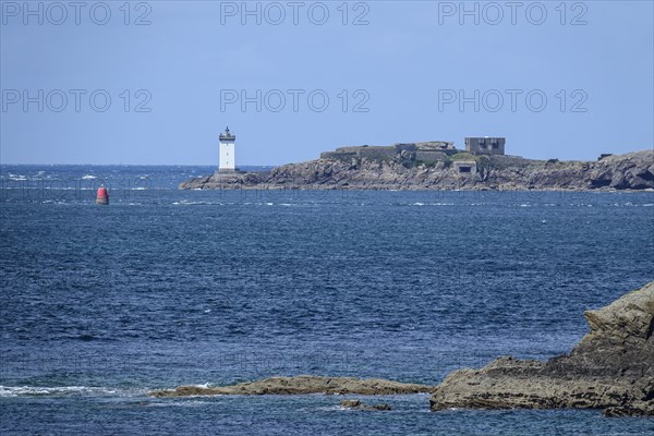 Phare and Fort de Kermorvan near Le Conquet, seen from Pointe Saint-Mathieu, Plougonvelin, Finistere department, Brittany region, France, Europe