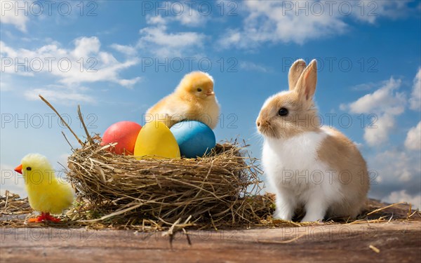 Easter, the Easter bunny and a chick sit in an Easter nest with colourful Easter eggs, AI generated, AI generated