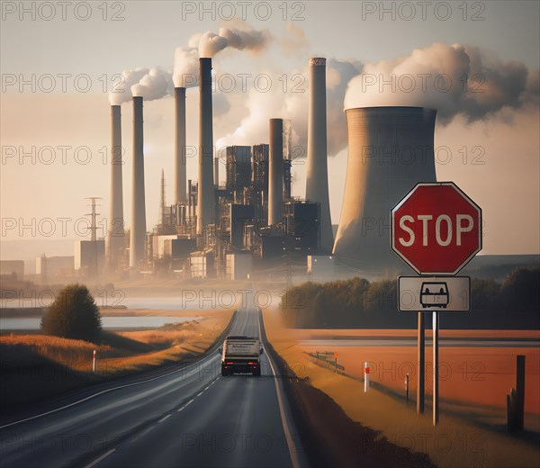 Climate change, climate crisis, global warming, symbolic image, a stop sign, a power plant with lots of smoke and fumes behind it, AI generated, AI generated