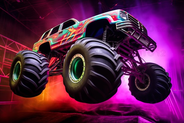 Monster truck with neon lighting, jumping off-road in cloud of dust. Excitement and thrill of an extreme sport, AI generated