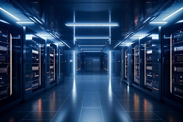 A modern data center with rows of server racks, high technology, artificial intelligence AI and data cloud computing computer systems storage and telecommunications, AI generated