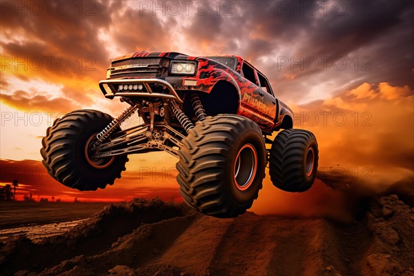 Monster truck driving and jumping outdoors amidst a cloud of dust. Thrill and adrenaline of an outdoor racing event on off-road terrain at dramatic sunset, AI generated