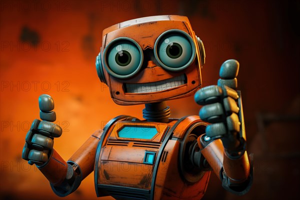 Orange robot showing a thumbs up gesture. The friendly robot has big round eyes and a friendly smile. Concept of artificial intelligence technology approval agreement, success, friendliness, AI generated