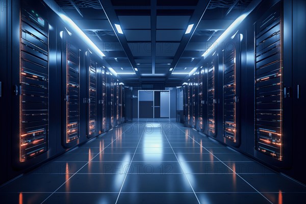 A modern data center with rows of server racks, high technology, artificial intelligence AI and data cloud computing computer systems storage and telecommunications, AI generated