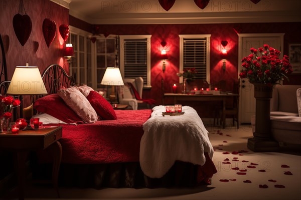 A cozy bedroom adorned with red and white heart-shaped balloons, rose petals, and candles creating a romantic atmosphere for Valentine's Day, AI generated