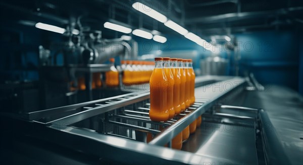 Production of juice from fruits and berries at the factory, conveyor with bottles of juice, AI generated