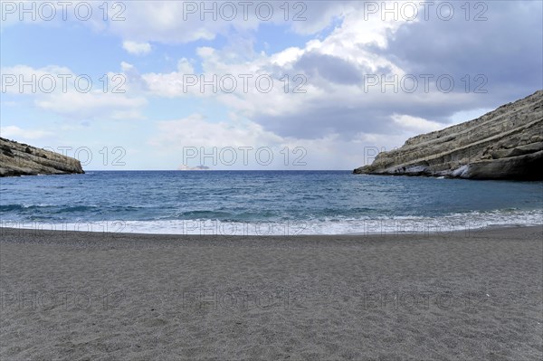 The bay of Matala, island, sea, village, summer, blue sky, beach, bathing beach, island of Crete, Greece, Europe