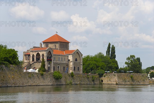 A historic building stands by a quiet river, surrounded by green nature and a light cloudy sky, Castle, Tata, Totis, Lake Oereg, Komarom-Esztergom, Central Transdanubia, Hungary, Europe