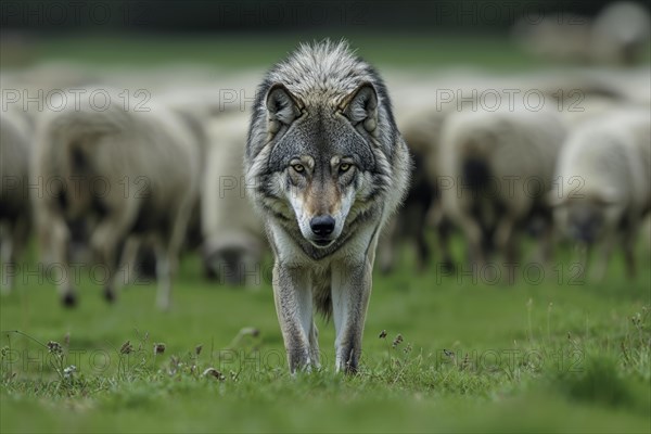 A gray wolf (Canis lupus) in focus stands in front of a flock of sheep in a green field, AI generated, AI generated