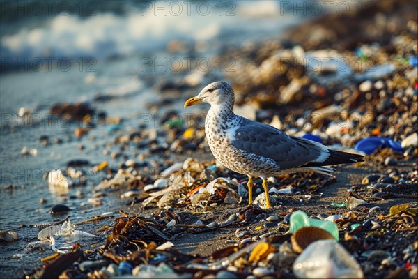 A seagull (Larinae) stands on a polluted beach surrounded by plastic waste and algae, AI generated, AI generated