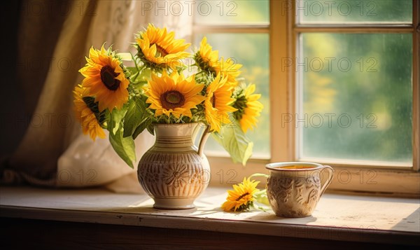 Sunflowers in a vase next to a tea cup on a windowsill radiate warmth and tranquility AI generated