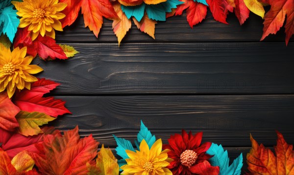Vibrant autumn flowers and leaves bordering the top of a dark wooden background AI generated