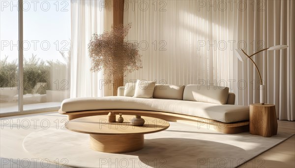 A serene and modern living room with a beige sofa, round coffee table, and natural light filtering through sheer curtains, AI generated