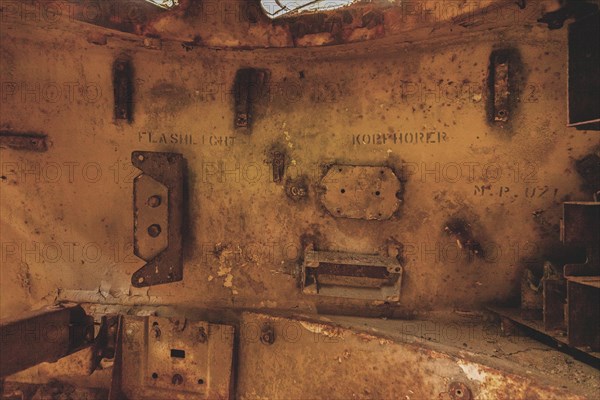Interior view of a rusty tank with carved name, M41 Bulldog, Lost Place, Brander Wald, Aachen, North Rhine-Westphalia, Germany, Europe