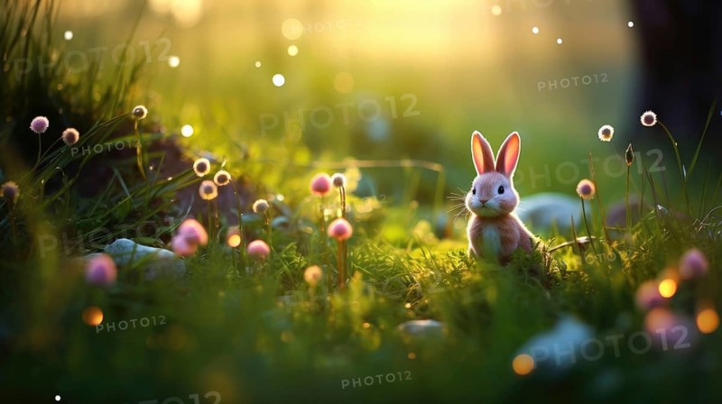 Cute little rabbit on a meadow with dandelions at sunset AI generated ...