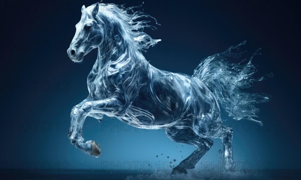 Ice sculpture of horse in dynamic pose. Beautiful horse ice figure AI generated