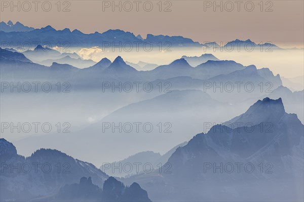 View of mountain range, haze, backlight, autumn, view from Saentis to the Bernese Alps, Appenzell, Switzerland, Europe