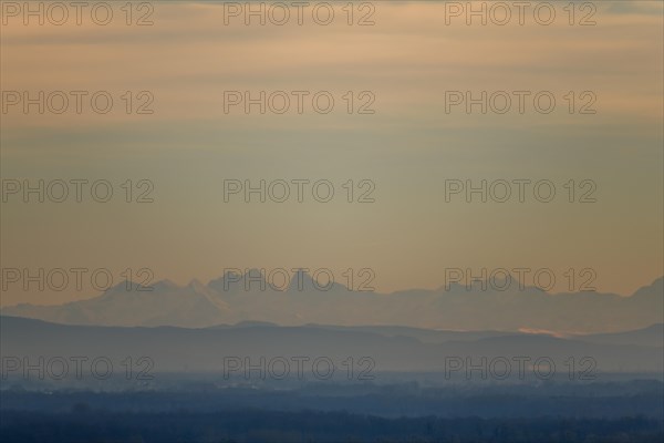 Silhouette of the Alps, seen from the Vosges mountains 200 km away. Bas-Rhin, Alsace, Grand Est, France, Europe