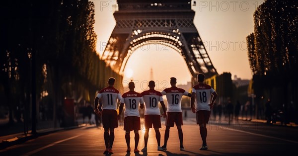 Sports National team of players in Paris at the Olympic Games 2024. Athletes at the Eiffel Tower, AI generated