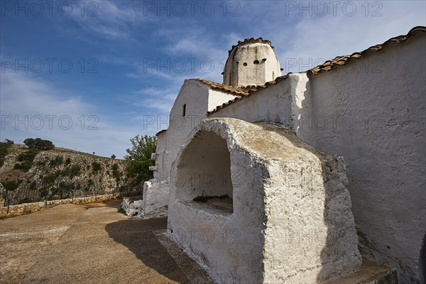 Church of St Michael the Archangel, cross-domed church, side view of a white church with clear blue sky in the background, Aradena Gorge, Aradena, Sfakia, Crete, Greece, Europe