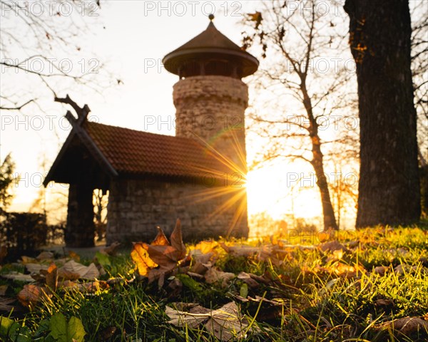 Golden sunlight floods over falling leaves with a view of an old tower, Hachelturm, Pforzheim, Germany, Europe